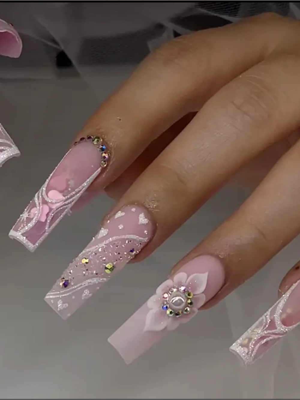 Pink Rhinestone 3D Flower Press On Nails